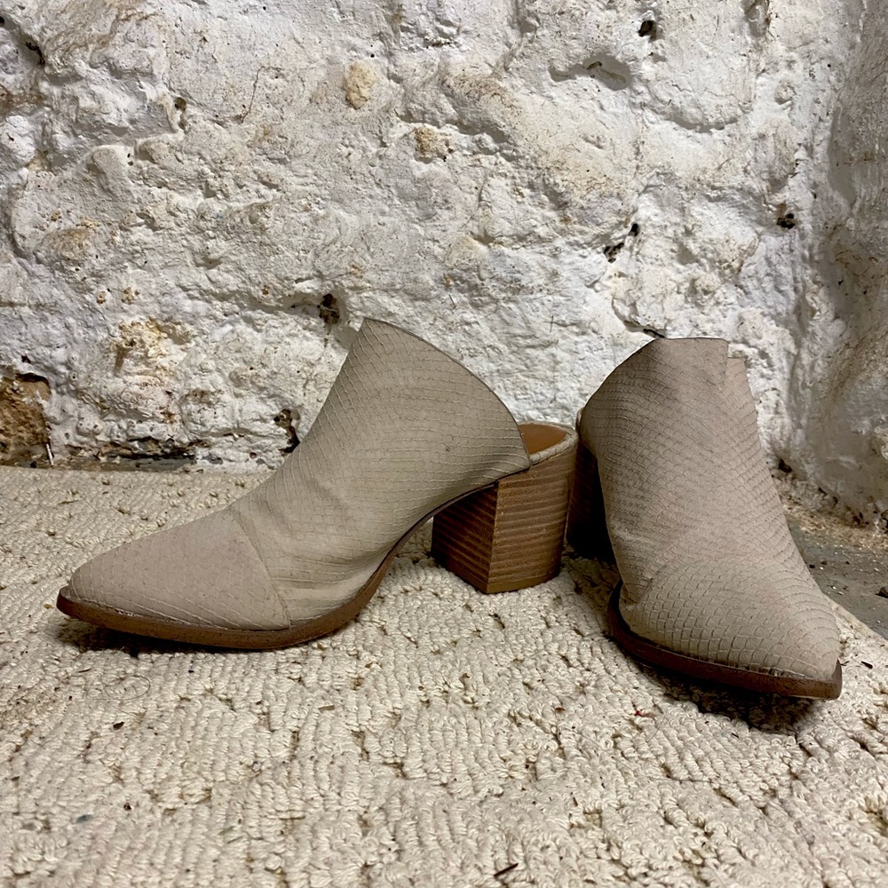 nude faux snakeskin mules